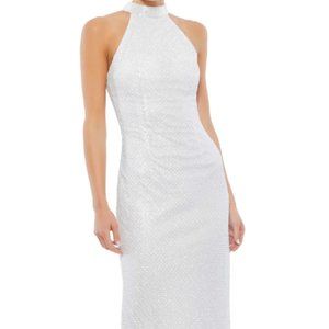 MAC DUGGAL EMBELLISHED HALTER NECK WHITE MIDI SHEaTH DRESS sz 4